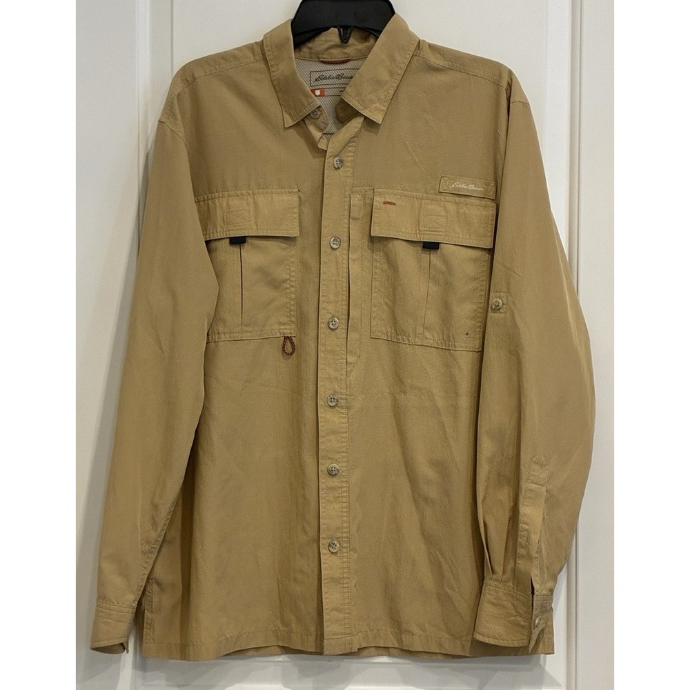 Eddie Bauer Long Sleeve UPF Shirt Mens L Classic Fit Vented Fishing Hiking Tan